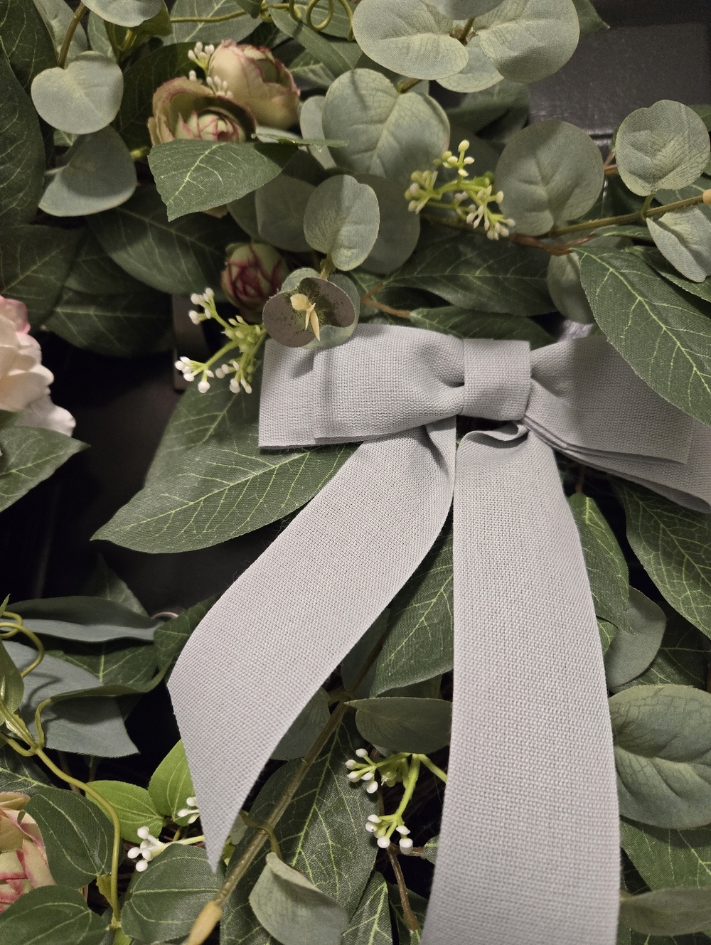 Spring Everyday Wreath with White Peony, Ranunculus, Greenery, and Cotton Bow - Picture 2 of 4